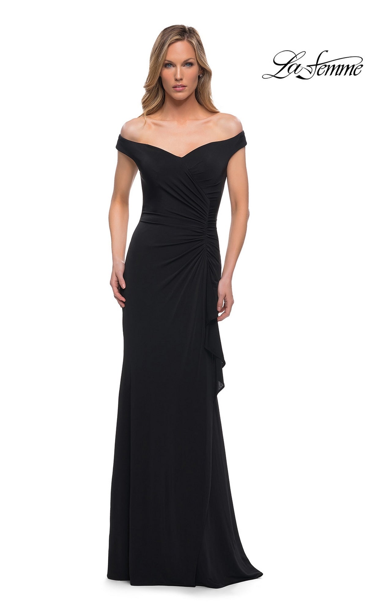 Woman wearing a black Long Formal Dress: La Femme 29925, a floor-length, off-the-shoulder gown with ruffles and a gathered side detail.